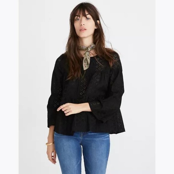 Madewell Tops - MADEWELL Black Eyelet Tiered Button-Back Top sz XS